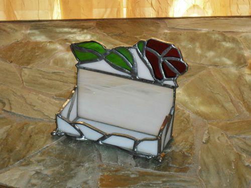 Stained Glass Business Card Holder - Hand Crafted - White Glass w/a Single Rose