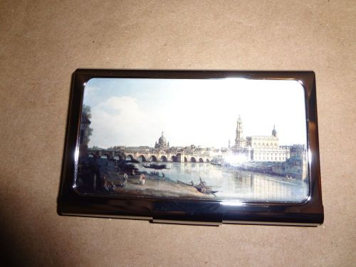 Metal Business Card Holder Tin by Troika With Early City Photo, Great Condition