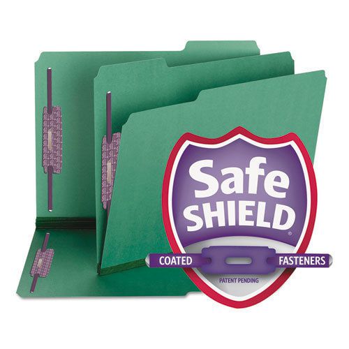Colored pressboard fastener folders, letter, 1/3 cut, green, 25/box for sale