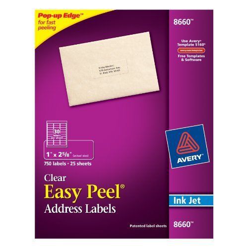 Avery Easy Peel Address Labels for Inkjet Printers, 1 x 2.625 Inches, Clear, New