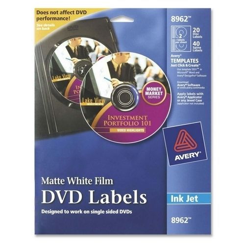 AVERY 8962 DVD Inkjet Labels 20 Sheet/2 Labels P/Sheet Matte White
