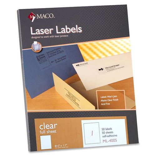 Maco tag &amp; label matte labels, full page, 8 1/2&#034;x11&#034;, clear. sold as box of 50 for sale