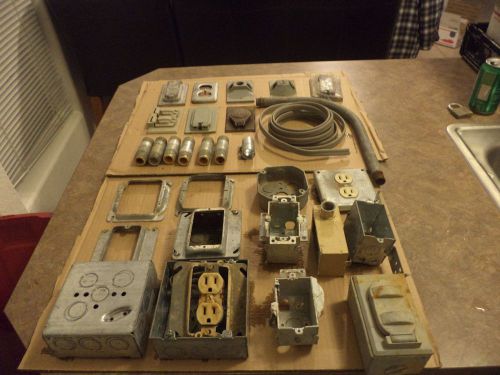 Electricians LOT Of Assorted Boxes, Connectors, Brackets And Cover Plates