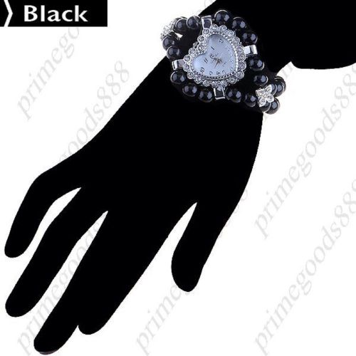 Heart rhinestones crystals beads chain quartz wrist wristwatch women&#039;s black for sale
