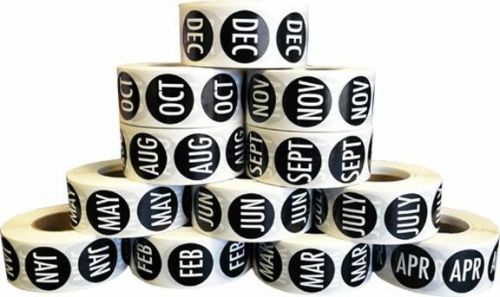 Month Stickers - Black with White text - Round 3/4&#034; Inch Labels - All 12 Months