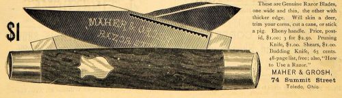 1885 ad maher grosh multipurpose razor blades toledo - original advertising tcm1 for sale