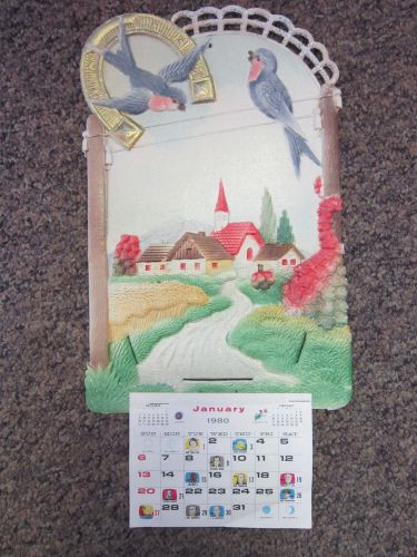 Vintage 1980 cardboard wall decoration with paper calendar w blue birds &amp; church for sale