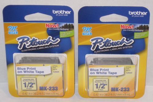 2 (Two) Brother MK-233 Blue Print on White Tapes - 0.47&#034; x 26.2&#039; NEW