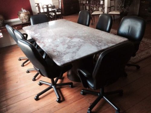Marble Conference Room Table with 8 Black Leather Swivel Arm Chairs