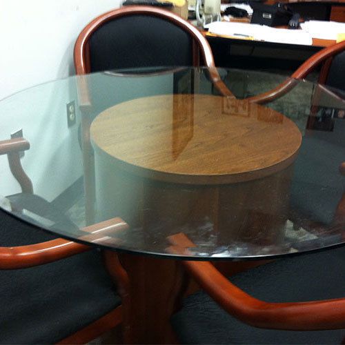 Round clear glass conference table for office modern designer wood base 48 42 60 for sale