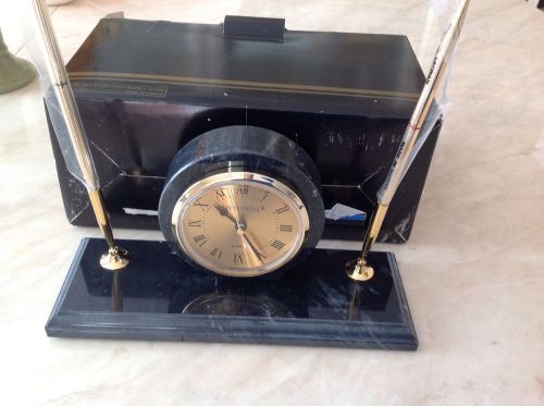 DESKTOP MARBLE AND BRASS FINISH PEN STAND WITH CLOCK - CLOCK MAY NOT KEEP TIME