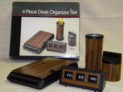 Vintage - Retro Faux Wood Grain 4-Piece Desk Organizer Set, Perpetual Calendar +