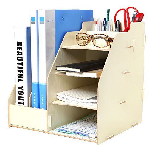 Wood board desktop organizer rack w/ 2 document / magazine slots, shelf cubbies for sale