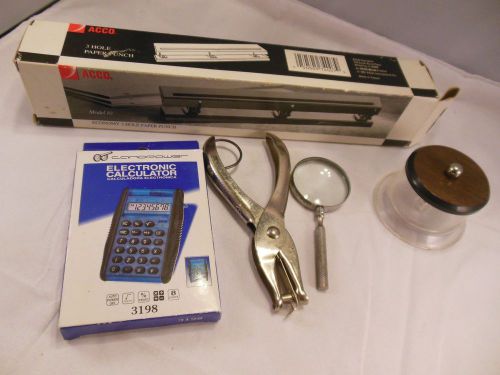 Lot of 5: 1 HOLE PUNCH, 1 STAMP HOLDER, 1 MAGNIFIER, 1 CALCULATOR, &amp; 1 HAND HOLE