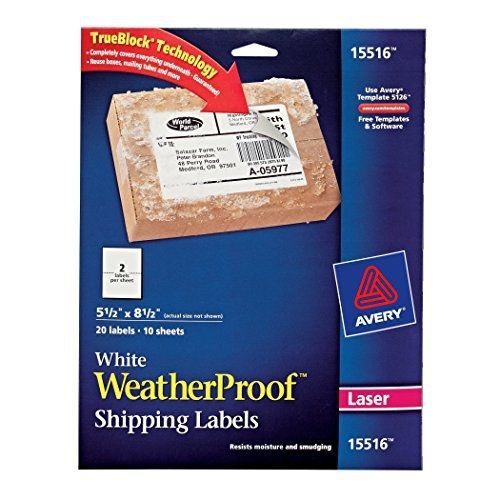 Avery weatherproof labels for laser printers, 5.5 x 8.5 inch, white, pack of 20 for sale