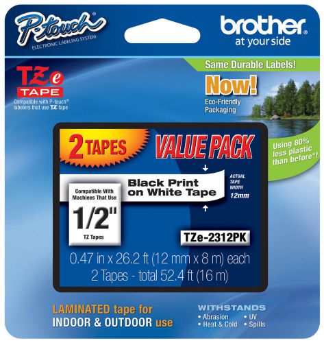 Brother TZe-231-2PK 1/2&#034; Black on White P-touch Tape 12mm Twin Pack, TZe2312PK
