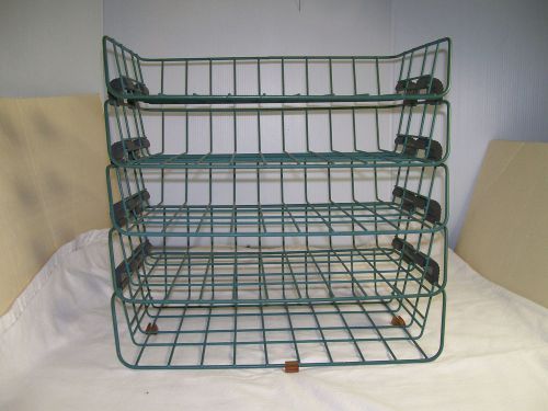 Vintage antique blue 5 tier metal wire desk paper letter tray in and out tray for sale