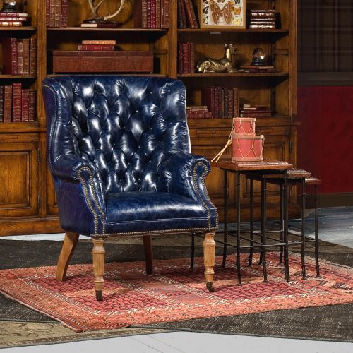 Stunning Chateau Blue Distressed Tufted Leather Wing Club Chair ,30&#039;&#039; x 40&#039;&#039;H.