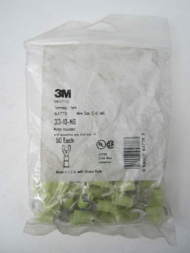New 3m 94778 nylon insulated fork terminal 12-10 awg 50 pack yellow stud size 10 for sale