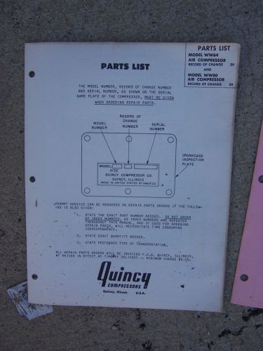 Quincy Model WW64 WW80 Air Compressor Repair Parts List Record of Change  R