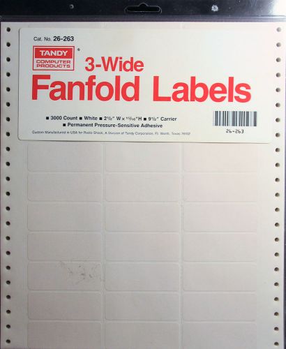 3000-count Tandy Computer White 3-Wide Fanfold Labels 2-1/2 x 15/16&#034; Dot Matrix