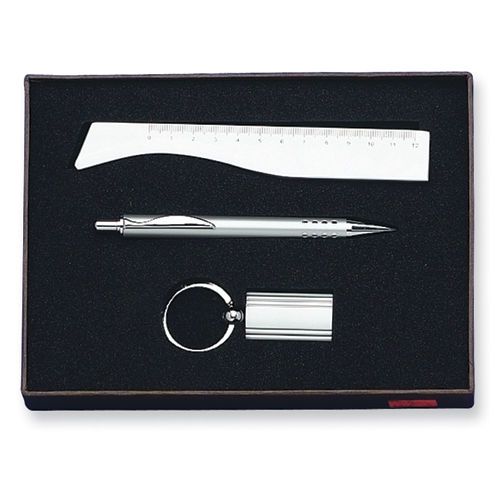 Silver-tone Engravable Ruler Pen Key Ring Gift Set