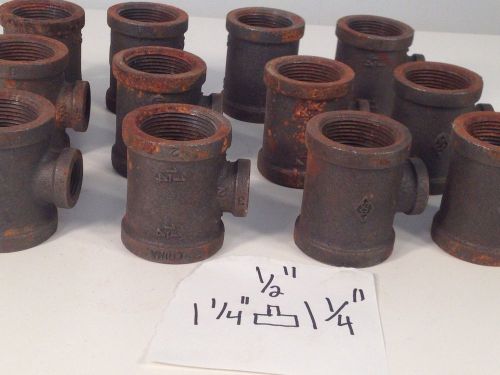 Lot of 12 iron 1 1/4&#034; Malleable Black Pipe REDUCER TEE 1 1/4 x 1/2 x 1 1/4 - rt2