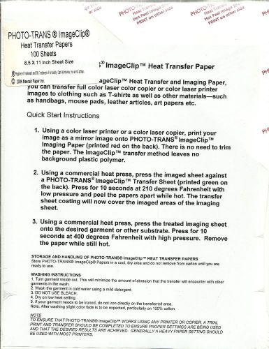 PHOTO TRANS: Heat Transfer Paper (2004, 100 Sheets) BRAND NEW: 8.5&#034; X 11&#034; Neenah