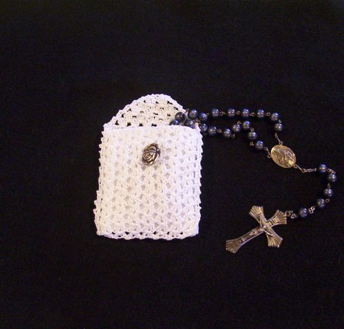 Crochet White Rosary Jewelry Pouch Case