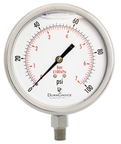 4&#034; all stainless steel oil filled pressure gauge - 1/4&#034; npt lower mount 100psi for sale
