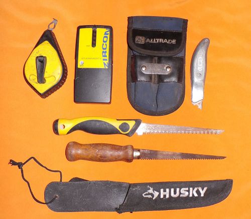 Lot of 7 Drywall Tools: Saws, 2-Pocket Tool Pouch, Zircon Studsensor, Saw Holder