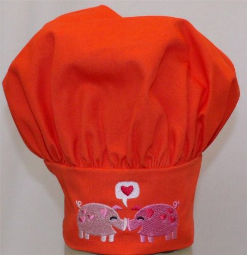 Orange Pigs &amp; Hearts Adult Size Chef Hat Pink Piggy Pigs Pig Pair Embroidered