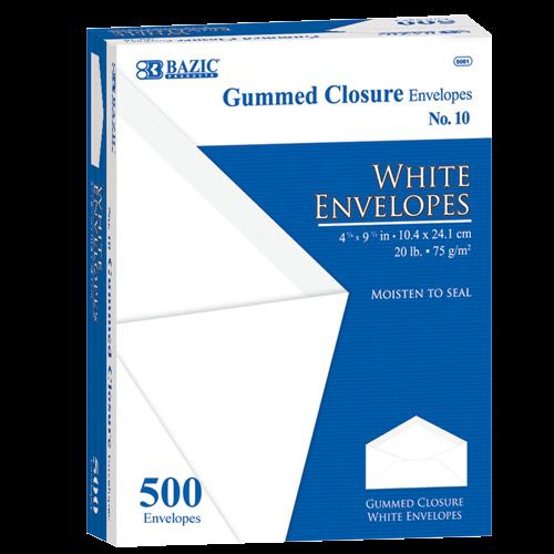 BAZIC #10 White Envelope w/ Gummed Closure (500/Box), Case of 5