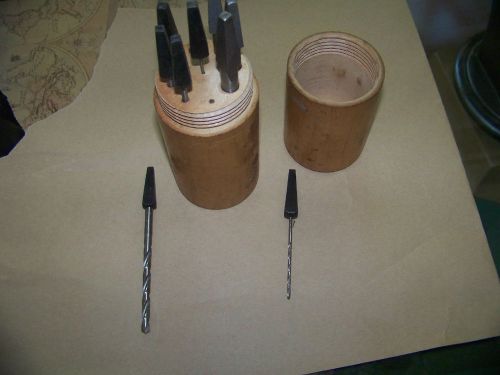 drill bits for old type hand drill 9 bits in wooden round cylinder 3/8 to 1/16
