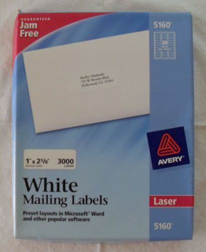 Avery #5160 White Mailing Labels 1&#034; x 2-5/8&#034; Partial Box 1950 Jam Free Laser