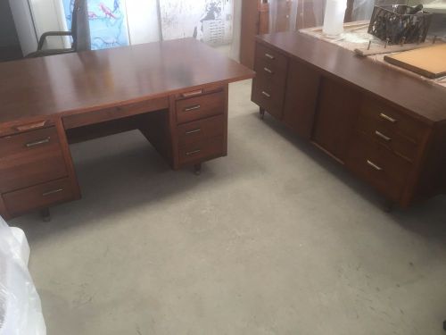 Jofco Office Furniture-Mid-Century Vintage Desk &amp; Horizontal Armoire-Brown Wood