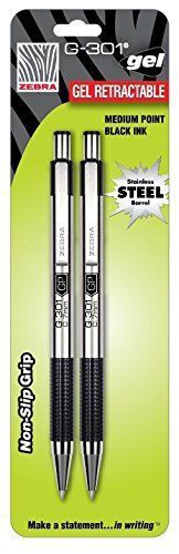 Zebra Pen Zebra G-301 Gel Stainless Steel Retractable Pen, 0.7mm, Black, 2 Pack