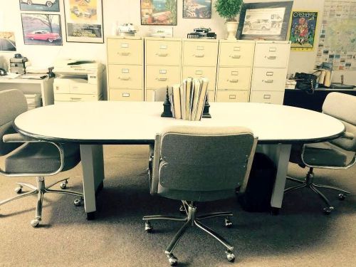 OVAL SHAPE CONFERENCE TABLE 8ft LONG  LAMINATE byBEVIS&amp; 4- CHAIRS BEIGE&amp;CHROME