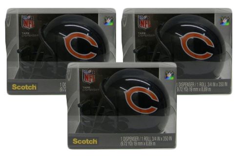 3 Pk 3M Scotch PDQ Dispenser W/ Magic Tape 3/4X350&#034;  In A Helmet Chicago Bears