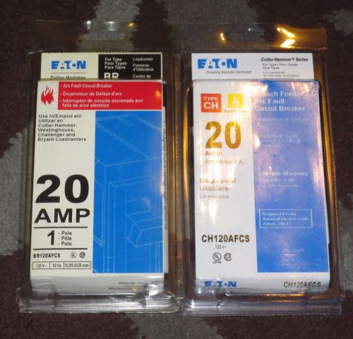 Lot of 2 Eaton 20 Amp Arc Fault Circuit Breakers CH120AFCS &amp; BR120AFCS *NIB*
