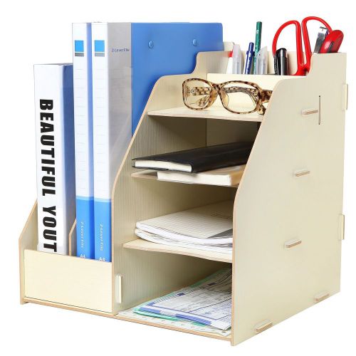 Wood Board Desktop Organizer Rack w/ 2 Document / Magazine Slots Shelf Cubbie...