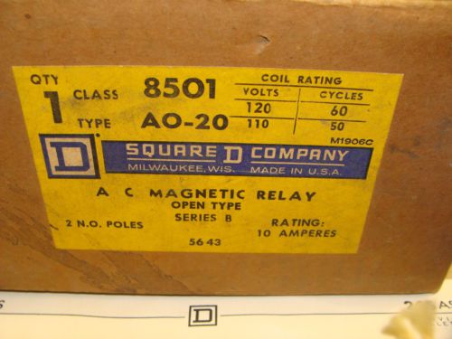Square d 8501 ao-20 machine tool relay 2 no contacts 10a 600v max 110-120v coil for sale