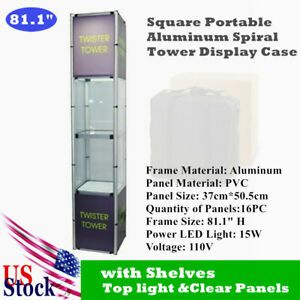 USA 81.1&#034; Square Aluminum Spiral Tower Display Case with Shelves light Panel