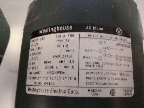 westinghouse 1/2 hp electric  motor,ser#317p  843, rpm 3450, 115/220,60hz,40 amp