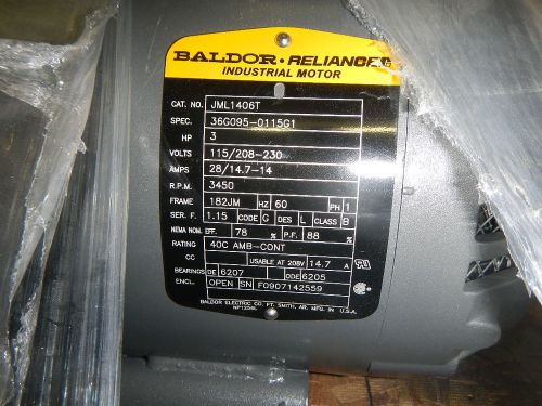 New Baldor Motor JML1406T, 3HP, 3450RPM, 1PH, 60HZ, 182JM, 1 phase