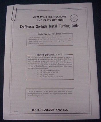Craftsman 6 In Metal Turning Lathe Instructions