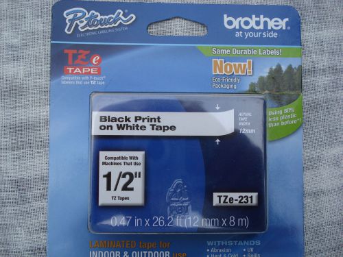 Brother Black Print on White Tape 1/2&#034; width P touch Tz Tape TZe 231 ~ New!