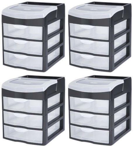4) sterilite 20639004 3 slide out drawer table desktop storage unit clear black for sale