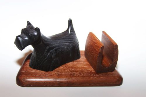 Business card holder with a dog desk rack, new, wood (cherry)