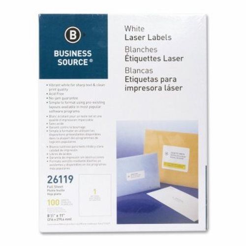 Business Source Mailing Labels, Full Sheet, Laser, 100/Pack, White (BSN26119)